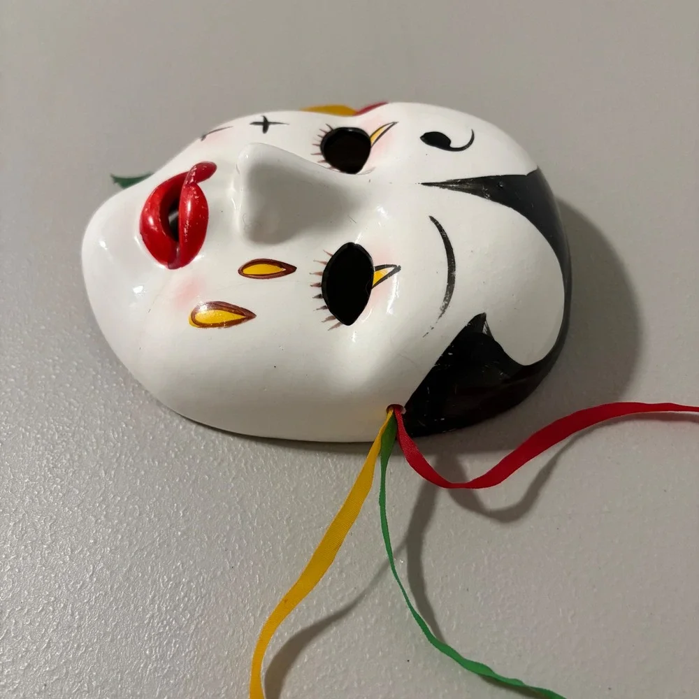 Hand Painted Ceramic‎ Clown Mask Decorative Wall Hanging Red Lips Tears Ribbons